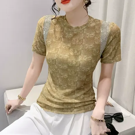 复古印花t恤短袖女2024新款时尚修身上衣气质烫钻小衫圆领体恤夏商品大图