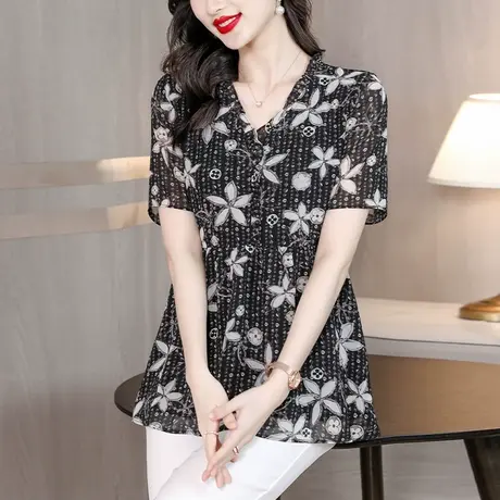 大码雪纺衫女2023年夏季短袖宽松减龄遮肚子女上衣胖MM洋气女小衫商品大图