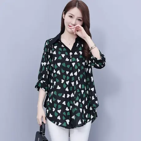 雪纺衫短袖2023新款女减龄上衣洋气妈妈大码胖mm宽松遮肚中袖碎花图片