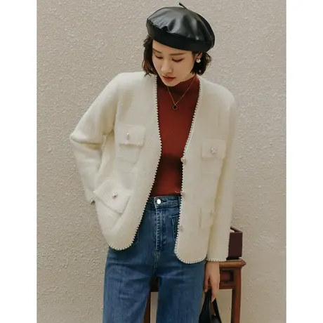 弥古小香风针织外套女春秋白色v领毛衣开衫气质高级感名媛风穿搭商品大图
