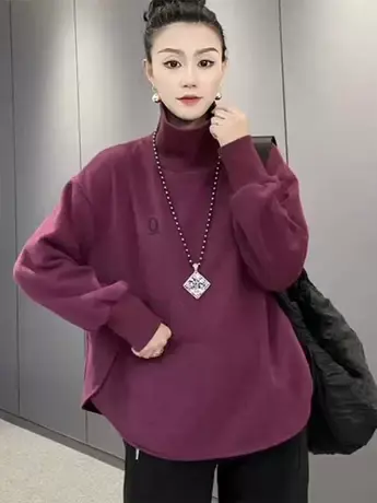 欧货百搭高领磨毛简约卫衣女秋季新款时尚韩版刺绣ins上衣打底潮图片