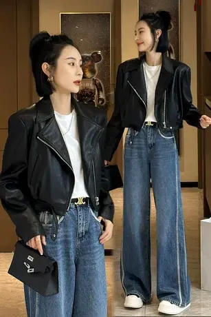 欧货翻领短款pu皮外套女2023春季新款高级感机车炸街小个子皮夹克图片