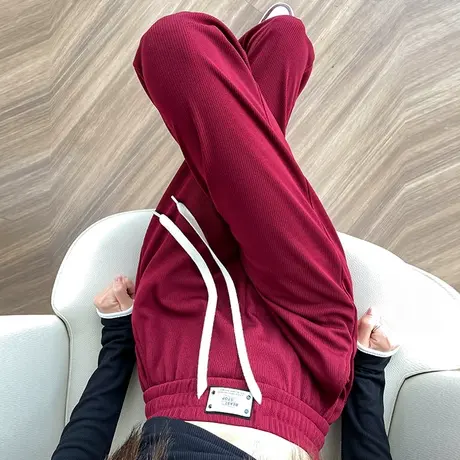 红色针织阔腿裤女春秋2023新款高腰垂感显瘦窄版直筒休闲拖地裤子商品大图