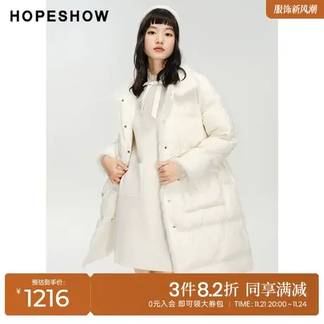 红袖outlets貂毛拼接插肩袖羽绒服hopeshow2023冬款翻领长款外套图片
