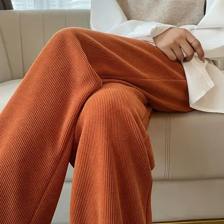 南瓜色灯芯绒阔腿裤女2023秋冬新款高腰直筒宽松休闲条绒拖地裤子商品大图