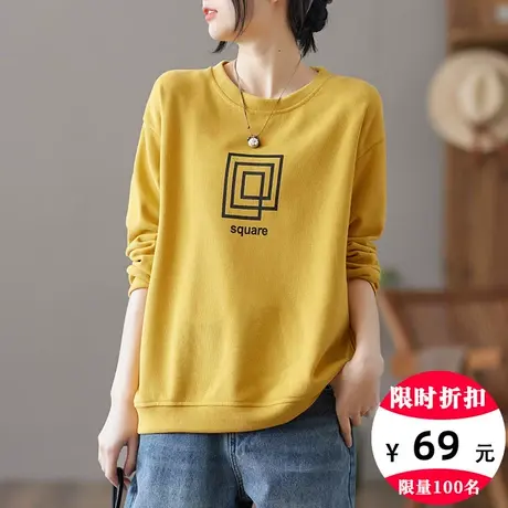 dza 复古圆领休闲纯棉薄款卫衣女士春装2022新款宽松短款长袖上衣图片