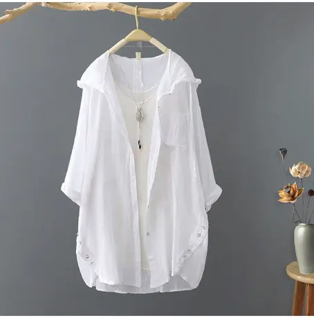 白色防晒衫女长袖薄款外套防晒衣2024夏季新款防晒衬衫连帽衬衣女商品大图
