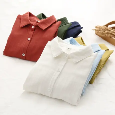 秋装双层纱纯棉白色衬衫女宽松长袖翻领复古港味职业工作打底上衣图片