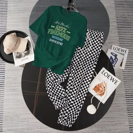 纯棉港风运动服套装女夏季薄款时尚洋气短袖长裤小个子休闲两件套图片