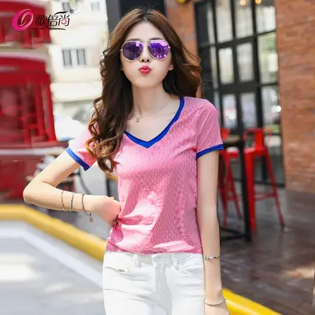 歌倍尚丝光棉彩色条纹t恤女短袖2022春夏修身纯棉撞色v领百搭上衣图片