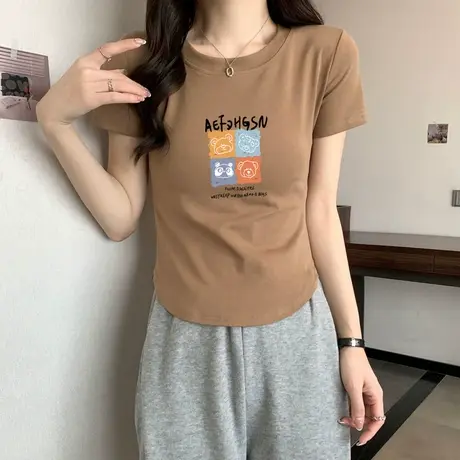 韩版修身短款上衣女正肩显瘦夏季不规则设计感圆弧形下摆短袖t恤图片