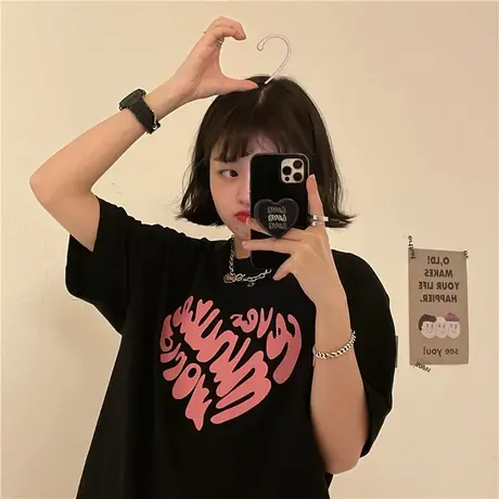 原创~爱心字母洋气盐系少女ins新款夏装2023圆领纯棉短袖T恤上衣商品大图