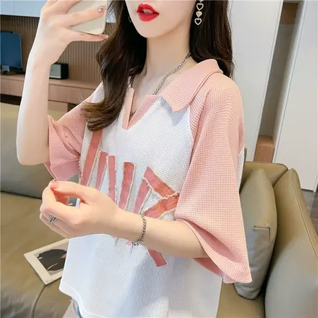 翻领polo衫短袖t恤女夏季韩版宽松大码撞色设计感v领华夫格上衣服图片
