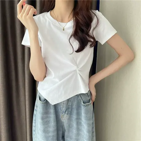 白色别致正肩短袖T恤女夏设计感小众不规则修身短款体恤薄款上衣图片