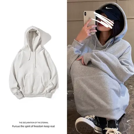 灰色加绒卫衣女冬ins潮宽松大码oversize慵懒风大码小众bf情侣装商品大图