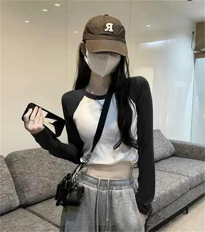 2024新款短款长袖上衣设计感小众修身内搭打底衫T恤早秋冬季女装商品大图