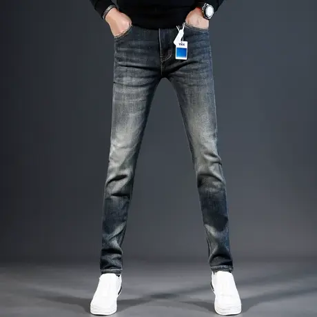 欧美高端牛仔裤男2023新款秋冬复古蓝色弹力修身小脚男士潮流裤子商品大图