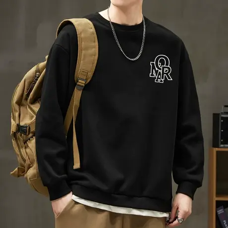 秋冬季中性风潮牌痞帅黑色长袖上衣春秋款男生重磅假两件圆领卫衣商品大图