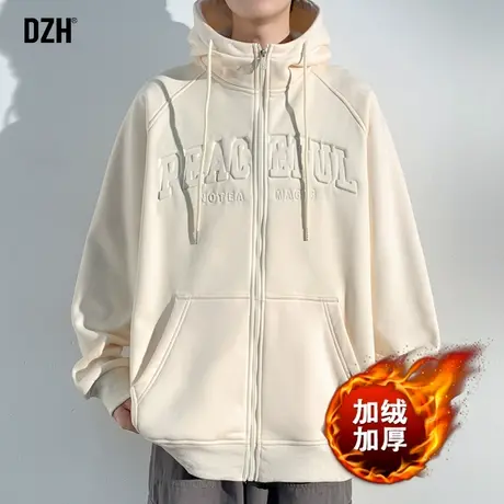 男士美式外套男冬季加绒2023新款开衫卫衣男生摇粒绒夹克上衣男款商品大图