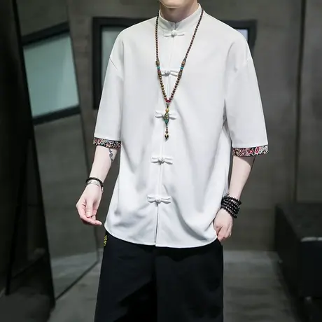 2023夏季新款男短袖T恤复古中国风盘扣宽松上衣休闲衬衫加大码男商品大图