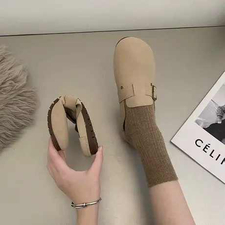 永希拖鞋女外穿软底2025年春季新款平底皮带扣包头半拖舒适勃肯鞋图片