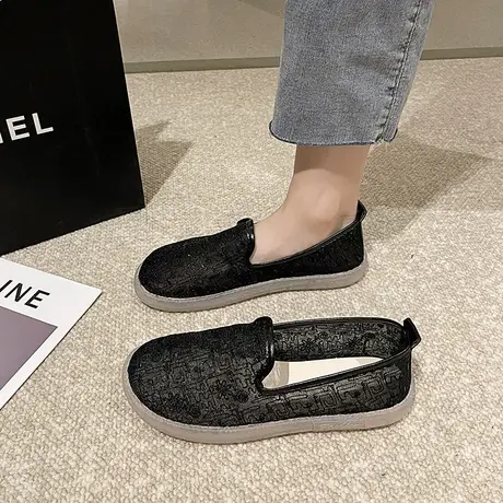 网面镂空一脚蹬单鞋女2024夏季新款懒人渔夫鞋蕾丝平底老北京布鞋图片