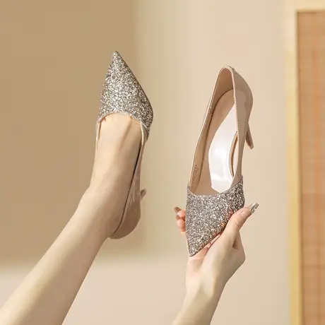 2024年夏季新款单鞋尖头闪闪发光百搭法式纯色宴会鞋高级感高跟鞋图片