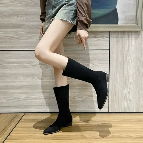 不过膝小个子长靴女粗跟2024年秋冬季新款尖头绒面百搭长筒瘦瘦靴商品大图