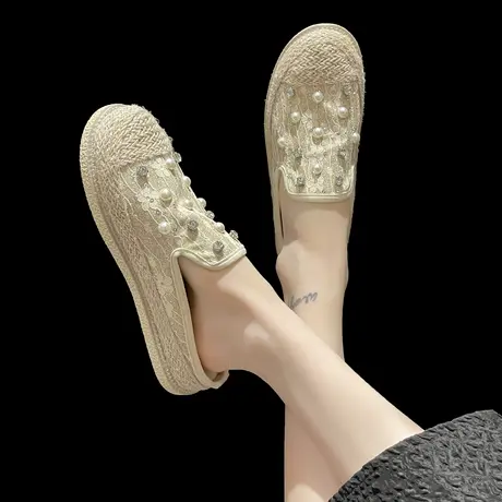 包头半拖鞋女夏外穿2024年新款小香风凉拖草编厚底防滑孕妇渔夫鞋商品大图