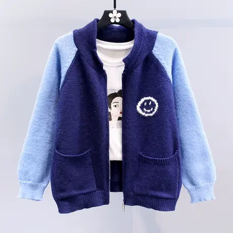 日系卡通笑脸学院风毛衣外套女冬季2023新款宽松休闲拉链针织开衫商品大图