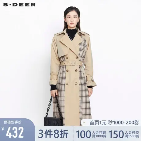 sdeer圣迪奥女装春秋装英伦风格纹双排扣长款风衣女S21361802🏡商品大图