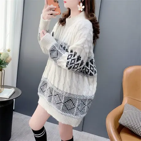 复古菱形麻花圆领毛衣女套头2023秋冬新款宽松加厚软糯新年红上衣商品大图