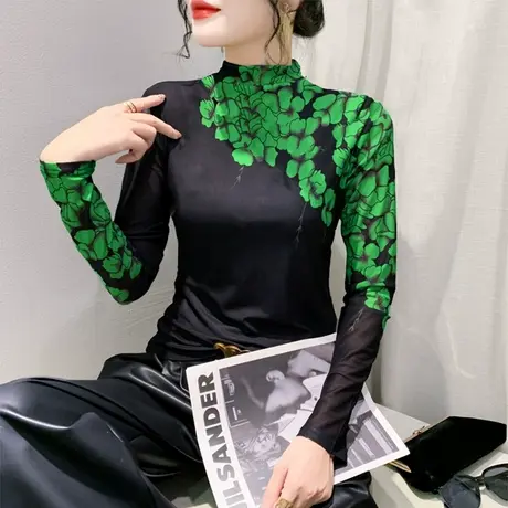 设计感长袖打底衫女T恤2023秋冬网纱印花时尚洋气内塔修身上衣ins商品大图
