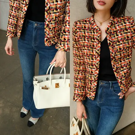 明星刘雯同款高品质复古定织撞色格子粗花呢外套女2023冬季新款商品大图