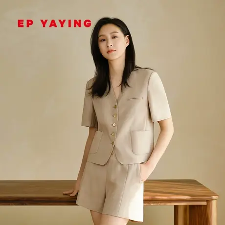 EP YAYING雅莹外套 时尚无领亚麻短袖西装女 2023新款1220A图片