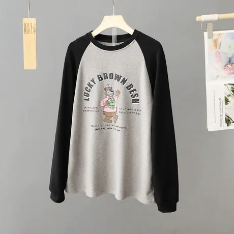 2024秋冬新款插肩袖拼色长袖t恤女加绒加厚印花卫衣小众打底衫潮商品大图