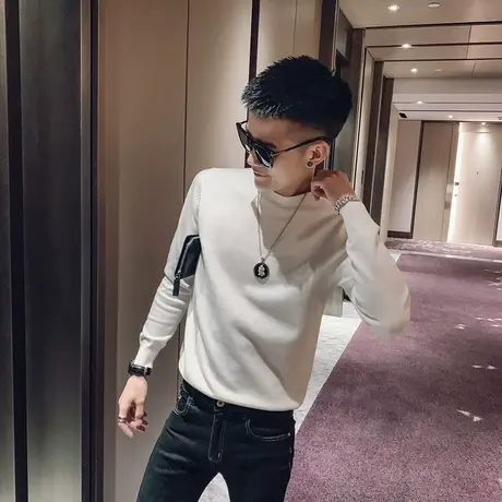 社会小伙圆领毛衣潮男韩版时尚小伙纯色针织衫线衣修身秋冬打底衫商品大图