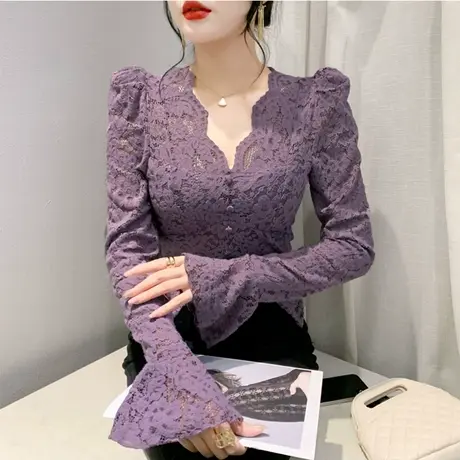 性感蕾丝V领打底衫女泡泡袖春秋2024新款镂空拼接洋气内塔上衣潮商品大图