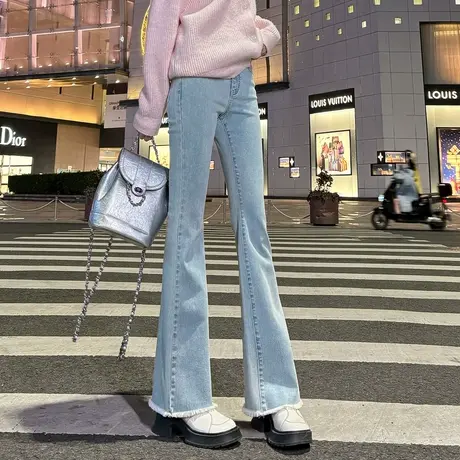 唐狮24春季新款牛仔裤女修身高腰显瘦显高微喇裤毛边百搭时尚裤子商品大图