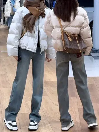 设计感刺绣浅色加绒牛仔裤女2023秋冬新款韩版高腰显瘦加厚直筒裤商品大图