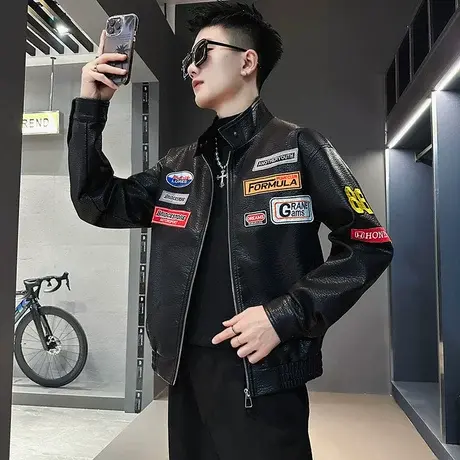 重磅美式潮牌贴标皮衣夹克男秋季骑行服炸街高级感机车服外套潮商品大图