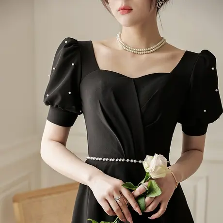 法式小晚礼服连衣裙女宴会气质轻奢小众高端黑色洋装夏赫本风方领商品大图