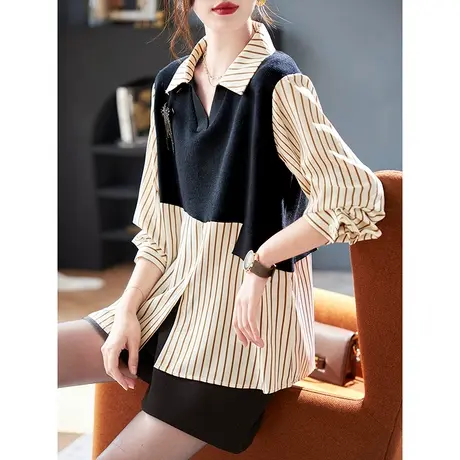 宝诗黎假两件条纹针织拼接衬衫2024新款宽松显瘦春季休闲百搭衬衣图片