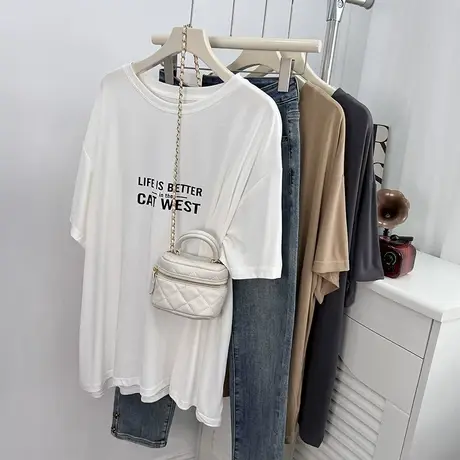清凉舒适垂感铜氨丝短袖T恤女夏韩版宽松慵懒大码中长款显瘦上衣商品大图