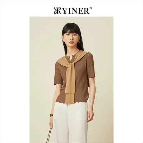 YINER音儿女装夏季镂空小V领金属链条亮丝上衣针织开衫商品大图
