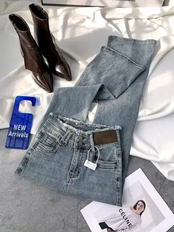 两粒扣皮牌牛仔喇叭裤女2024春季新款显瘦百搭毛边高腰微辣长裤图片