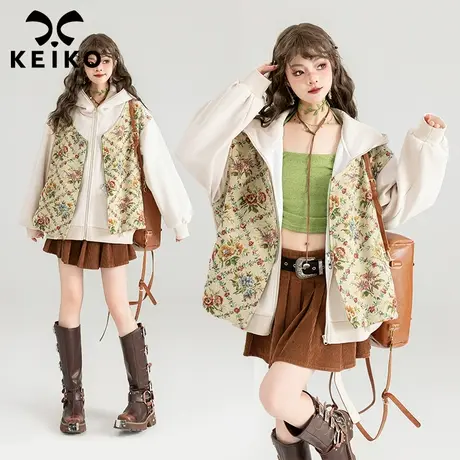 KEIKO 文艺风碎花提花假两件外套春季设计感连帽加绒卫衣拉链开衫图片