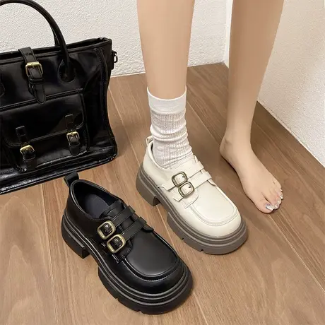 小皮鞋女英伦风2024春季新款黑色鞋子百搭厚底松糕配裙子乐福单鞋商品大图
