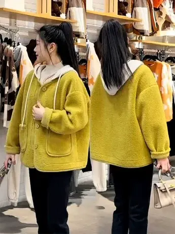 羊羔毛外套女加厚秋冬2024新款韩版小个子皮毛一体摇粒绒连帽上衣商品大图