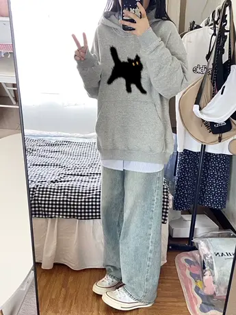 高级感灰色卫衣女春秋连帽宽松薄款小个子慵懒风潮牌美式复古外套商品大图